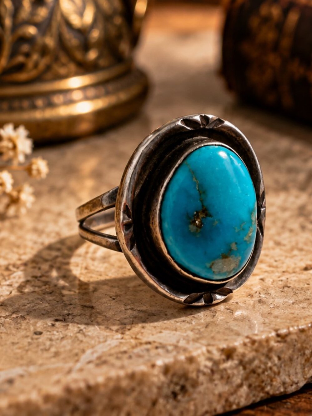 Bold Blue Stone Statement Ring, Adjustable Silver Tone Band